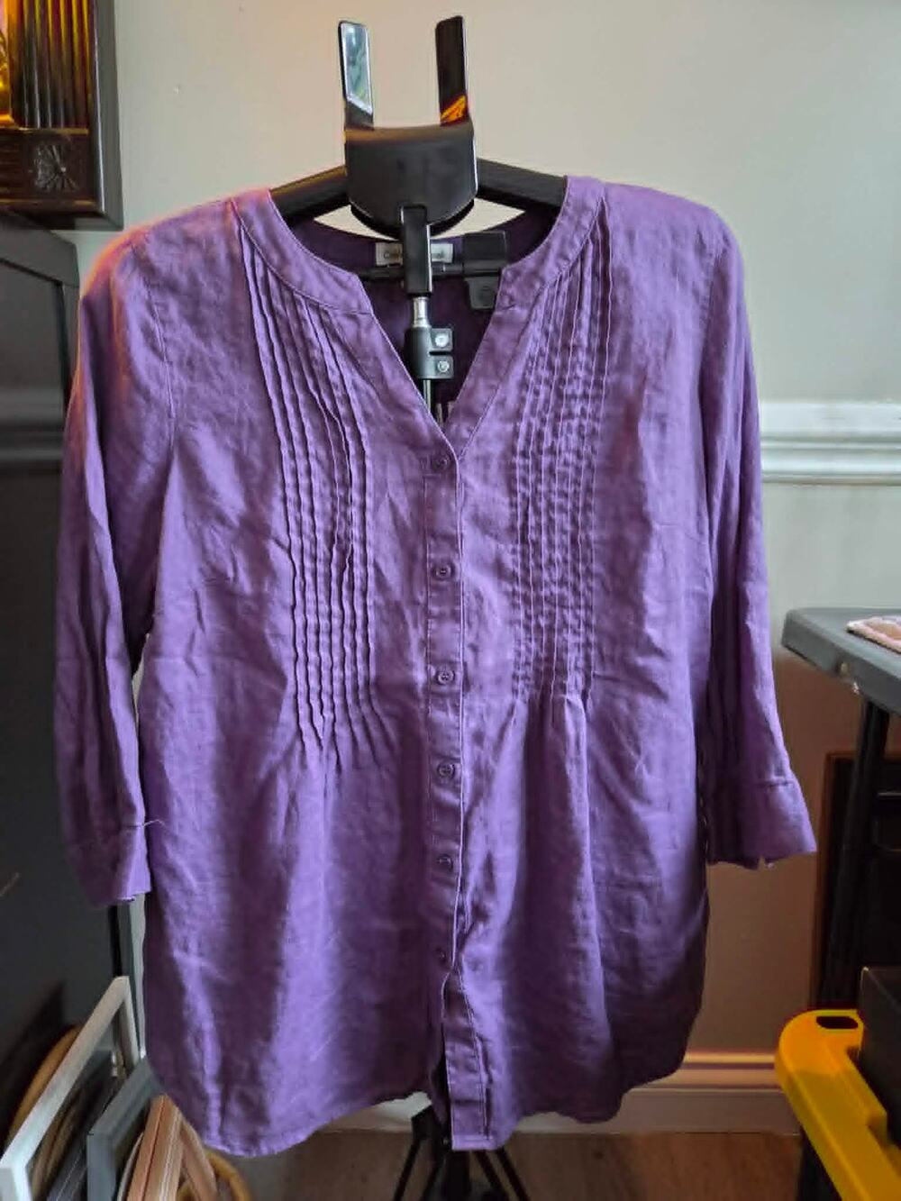 Coldwater Creek Women’s M Purple 100% Linen Pintuck 3/4 Sleeve Tunic Blouse